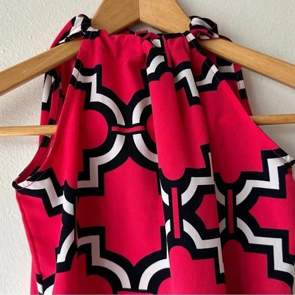 Crown & Ivy Geo Print Fuchsia White Navy Halter Tie Dress - Picture 7 of 8